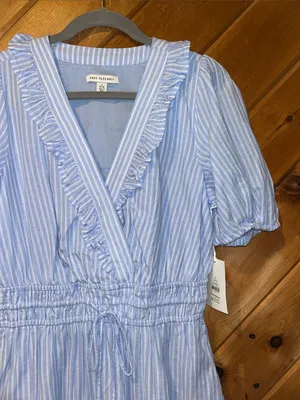 Free Assembly blue & white Tiered Ruffle Mini Dress with Short Puff Sleeves NWT thumbnail 7