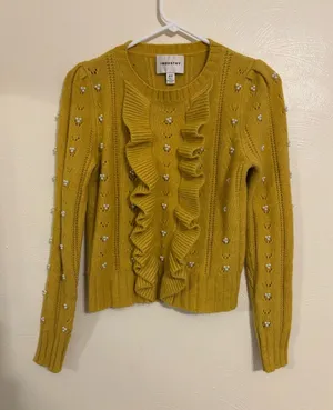 Industry M Mustard Yellow Pearl Embellished Ruffle Sweater M Medium thumbnail 1