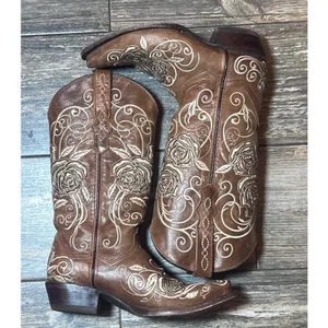 Wildflowers Bluebonnet Size 6 Brown Leather Rose Embroidered Cowboy Boots‎ Rodeo thumbnail 3