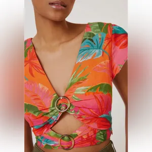 Anthropologie Tropical Floral Knot-Front Crop Top in Coral & Teal thumbnail 2