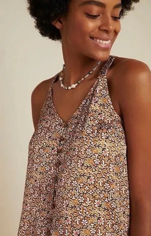 anthropologie maeve Aryana Button Up Floral 4 Boho Silky Blouse Sleeveless Tunic thumbnail 1