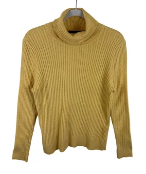 Jeanne Pierre Womens Mustard Yellow 100% Cotton Cable Knit Turtleneck Sweater M thumbnail 1