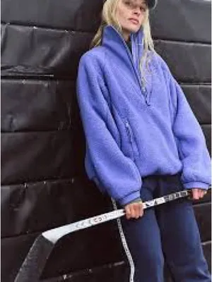 Free People Ready Set Ribbed Sherpa Pullover XL Blueberry Blue Quarter Zip thumbnail 2