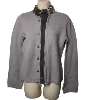 HWR Anthropologie grey high collar merino wool velvet button up sweater cardigan thumbnail 1