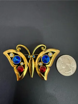 Vintage Regency Accessories Gold-tone Blue & Red Rhinestones Butterfly Brooch thumbnail 3