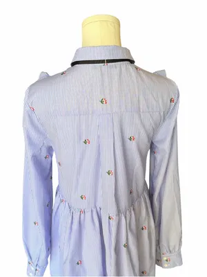 English Factory - Blue Pinstripe Floral Embroidered Ruffle Bow Dress Sz S thumbnail 5