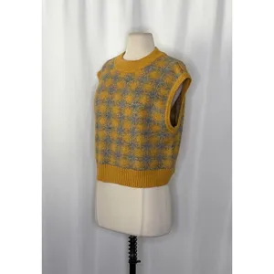 ZARA Chunky Wool Sweater Vest Plaid Star Pattern Yellow Gray Academia Small thumbnail 5