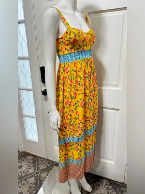 FARM Rio for Anthropologie Anjou Yellow Floral Maxi Dress with Blue Trim Size 0 thumbnail 5