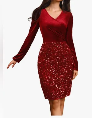 NEW Velvet Sequin V Neck Long Sleeve Winter Dress Holiday Christmas Dress S thumbnail 1
