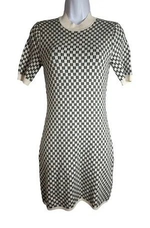 Abercrombie & Fitch Green White Checkerboard Mock Neck Bodycon Sweater Dress SP thumbnail 1