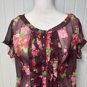 Abercrombie & Fitch Burgundy Maroon Floral Sheer Blouse‎ Boho Size L thumbnail 2
