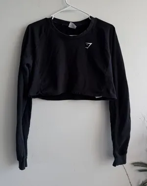 Gymshark Womens Black Long Sleeve Cropped‎ Sweatshirt Logo Crew Neck Size M thumbnail 1