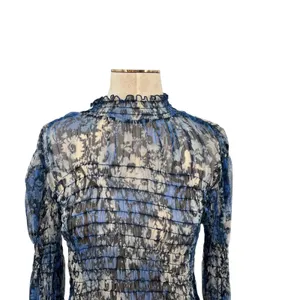 Free People Hello There Top‎ Blouse Smocked Flare Sleeve Mesh Floral Blue Large thumbnail 5