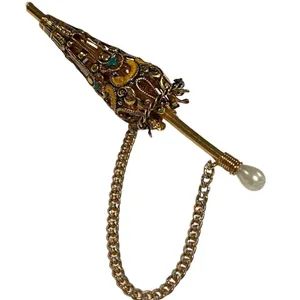 Vintage Umbrella Enamel Parasol Pin Brooch Gold Toned Damascene Pearl Handle thumbnail 2