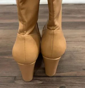 Tan Vegan Leather Heeled Stovepipe Boots thumbnail 10