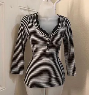 Bella swan Y2K Black white striped henley top shirt blouse long sleeve ruffle trim-S #goth #punk #grunge #whimsygoth #cottagecore Measurement in pics Great condition thumbnail 1