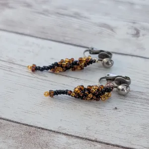Vintage Clip On Earrings Beaded Dangle Amber Tones & Black thumbnail 2