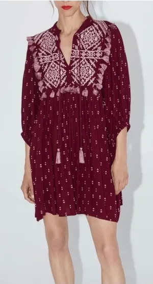NWT Zara‎ Boho Embroidered Tassel Mini Dress XS Wine Red Peasant thumbnail 1