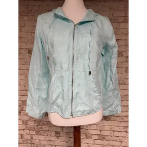 Edward Mint Green Women's Top Long Sleeve M‎ Linen Hood Zip Front thumbnail 2