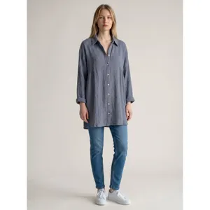Zara‎ Slate Blue Grey Textured Cotton Gauze Button Down Shirt Dress Oversized M thumbnail 2