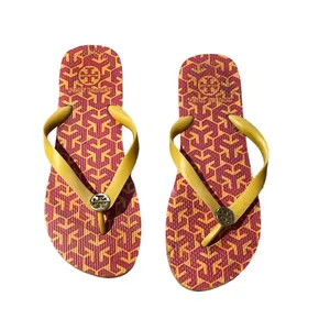 Tory Burch Women's Flip Flop Sandals Yellow Straps Red/Orange Geometric Pattern thumbnail 2