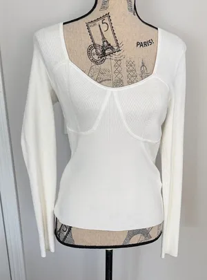 Madewell White Wide Rib Long Sleeve Sweetheart Sweater Top Size-L thumbnail 1