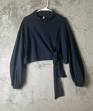 NAP Navy Cropped Tie Front Sweatshirt Balloon Sleeve Pullover Lounge Top Small thumbnail 1