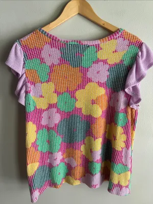 Haptics Floral Waffle Knit Flutter Sleeve Top Pink Multicolor Size Medium thumbnail 5