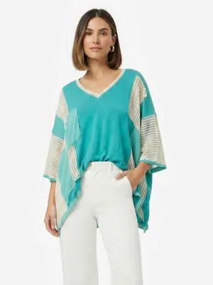 POL Bohemian Oversized Contrast Crochet Tunic Top – Teal & Cream – Size S thumbnail 10