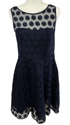 Betsey Johnson Polka Dot Mesh Lace Party Dress 10 Fit & Flare‎ Navy Textured thumbnail 1