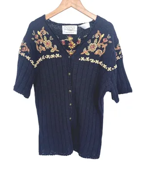 Vintage Northern Isles Cardigan Sweater Women L Navy Floral Hand Embroidered 90s thumbnail 1