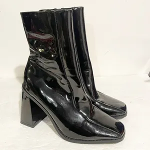 Nasty Gal Size 6 Black Patent Square Toe Flare Heel Boots‎ Zipper Side thumbnail 4