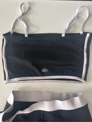 Alo Yoga airbrush black leggings and top with white side stripe set thumbnail 2