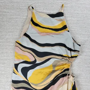 Sugarlips Lourdes Cut Out Dress Womens Large Yellow Tan Ruched Midi Silky Lined thumbnail 6