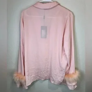 JAYLEY Pink Awilix Day to Night Feather‎ Trim Silk Sleep Trim Long Sleeve Blouse thumbnail 7