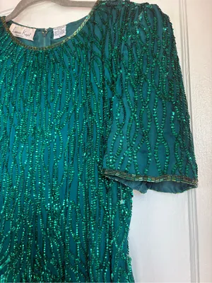 Vintage Laurence Kazar Emerald Green Silk Beaded Sequin Cocktail Dress Large thumbnail 2