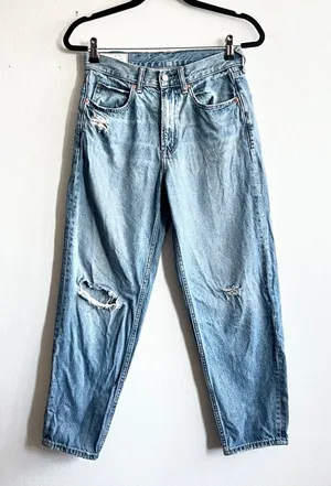 Gap Barrel‎ High Rise Jeans Regular Womens Size 25 / 0R Blue Denim Distressed thumbnail 1