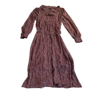 Banana Republic Paisley Midi Dress Womens Small Burgundy Ruffle Long Sleeve Belt thumbnail 4