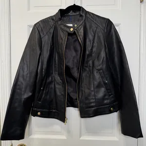 Cole Haan Signature Faux Leather Quilted Biker Jacket Black‎ Gold Size Medium thumbnail 3