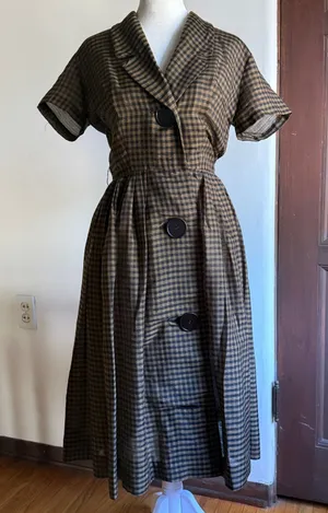 50s Vintage NEUSTETERS Brown and black gingham Shirtwaist dress Small thumbnail 1