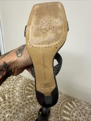 Vince Camuto Black Rhinestone Double-Strap Slide Heels thumbnail 4