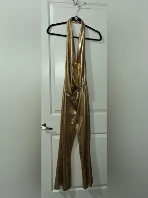 SHEIN Sexy Metallic Gold Halter Twist-Front Jumpsuit thumbnail 2