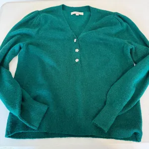 LOFT Sweater XL Green Rhinestone Button Puff Sleeve V-Neck Pullover Holiday thumbnail 7