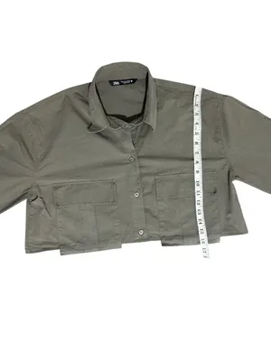 Zara Olive Green Utility Cargo Cropped Button Down Shirt L Large Shacket thumbnail 6