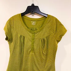 Y2K Green Brown polka dot button baby doll top Large romantic Henley Gilmore thumbnail 3