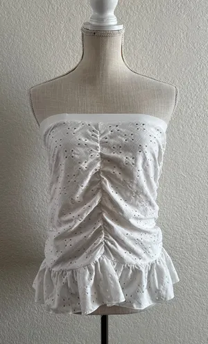 Unbranded Eyelet Lace Tube Top Size L White Ruched Ruffle Hem Strapless thumbnail 1