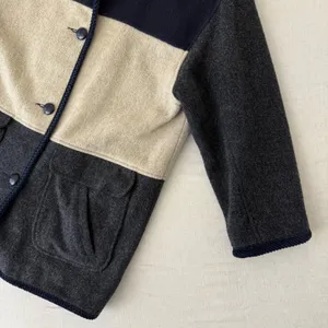 Herman Kay Vintage Women 12 Colorblock Wool‎ Coat Sherpa Collar Navy Grey Beige thumbnail 7