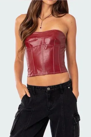 Edikted Red Leather Corset Top Faux thumbnail 1