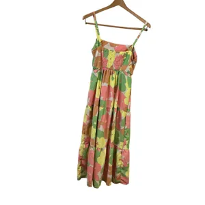 Floral Tiered Maxi Dress Pink‎ Yellow Green Smocked Back Pockets Sleeveless thumbnail 4