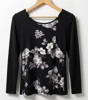 Fraiche by J Black And White Dark Floral Panel Long-Sleeve Tee thumbnail 1